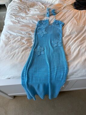 Blue Crochet Maxi Dress with Floral Appliqué